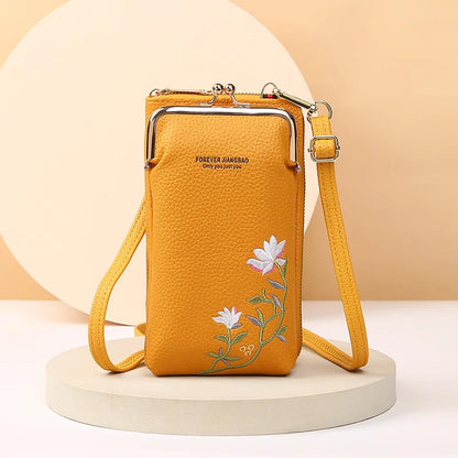 Elegant Floral Leather Mini Crossbody Bag – Mobile Phone Purse & Messenger Wallet