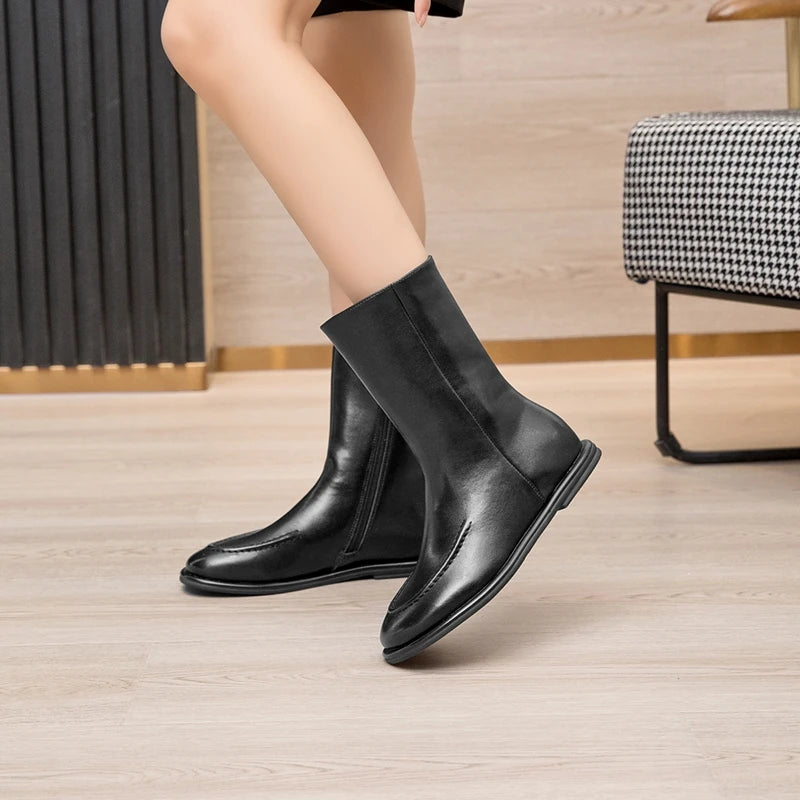 Genuine Leather Ankle Boots Women Winter Flat Short Knight Shoes