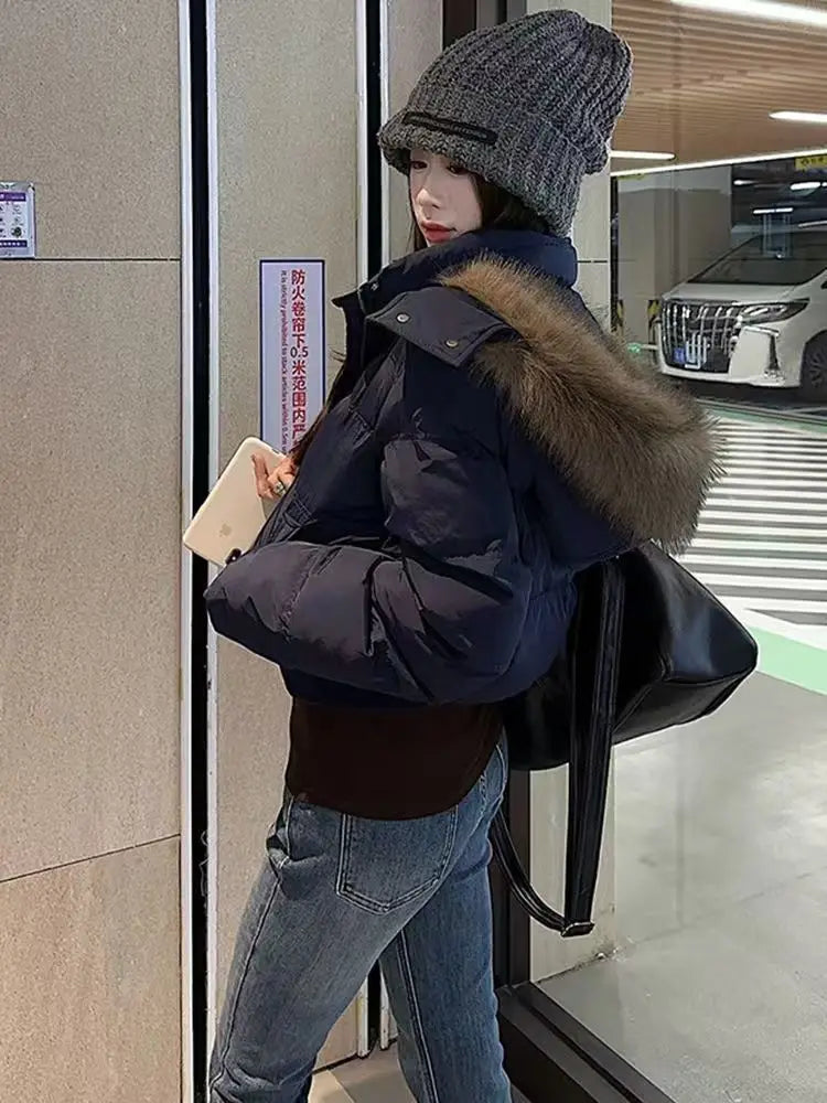 American Retro Fur Collar Hooded Cotton Coat – Warm Loose Casual Winter Jacket for Women