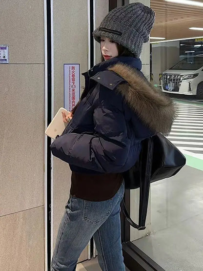 American Retro Fur Collar Hooded Cotton Coat – Warm Loose Casual Winter Jacket for Women