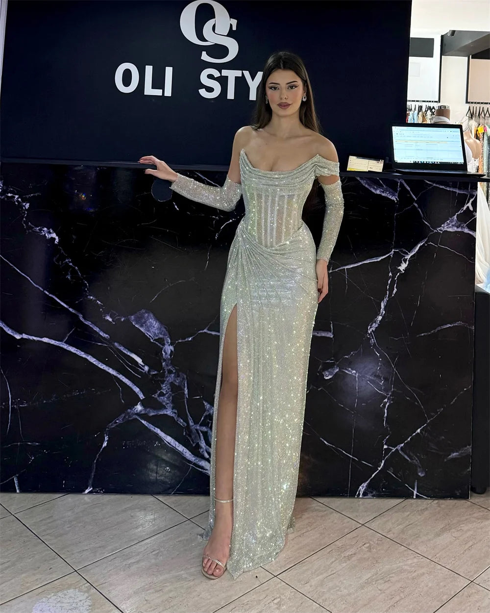 Luxury Silver Shiny Custom Prom & Evening Dress For Women – Off Shoulder High-Slit Formal Gown 2025