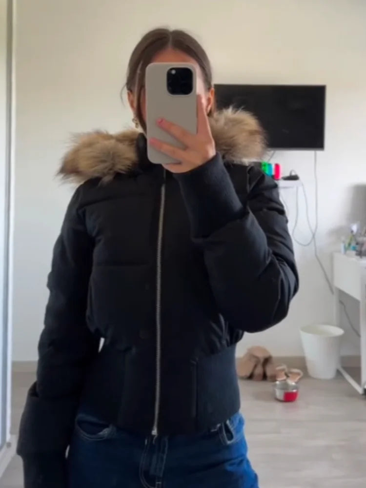 Chic Cropped Faux Fur Hooded Quilted Jacket – Zipper Pocket Padded Winter Coat for Women