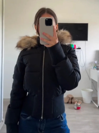 Chic Cropped Faux Fur Hooded Quilted Jacket – Zipper Pocket Padded Winter Coat for Women