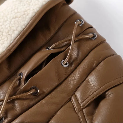 Leather Jacket with Belt & Fur Collar For Women | Elegant Streetwear Coat