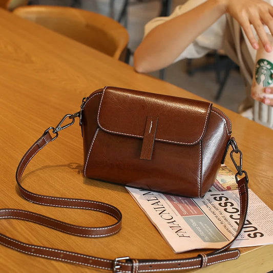Genuine Oil Wax Cowhide Leather Small Crossbody Bag – Versatile Shell Shoulder Phone Handbag