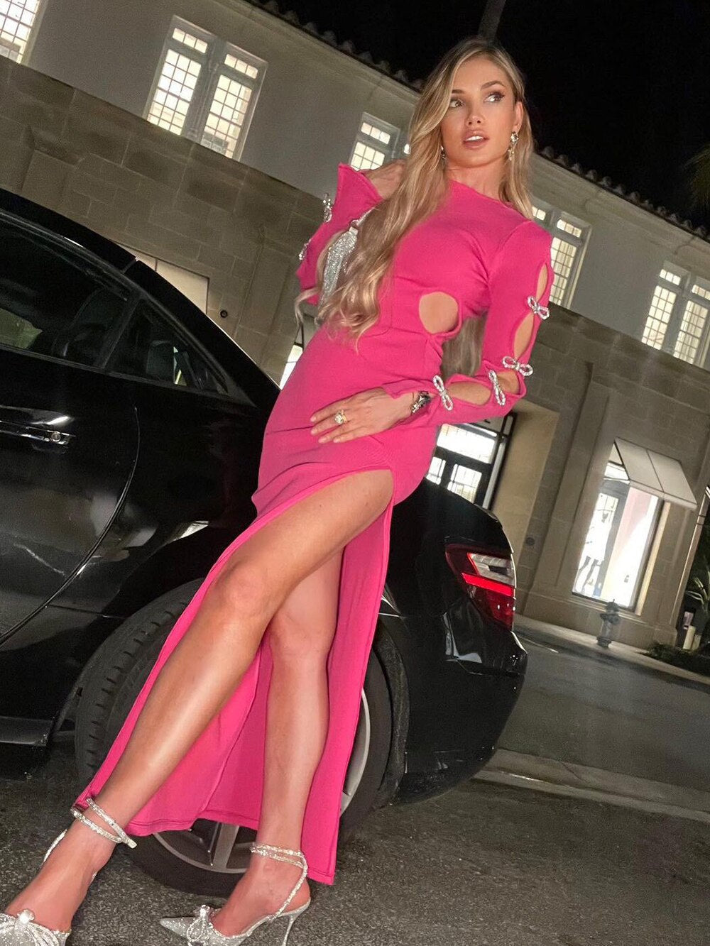 Pink Maxi Dress with Rhinestone Bows