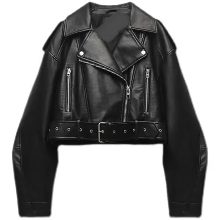 Oversized Vintage Faux Leather Moto Biker Jacket – Belted Retro Streetwear Women