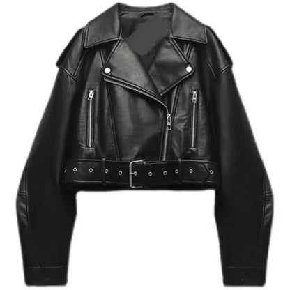 Oversized Vintage Faux Leather Moto Biker Jacket – Belted Retro Streetwear Women