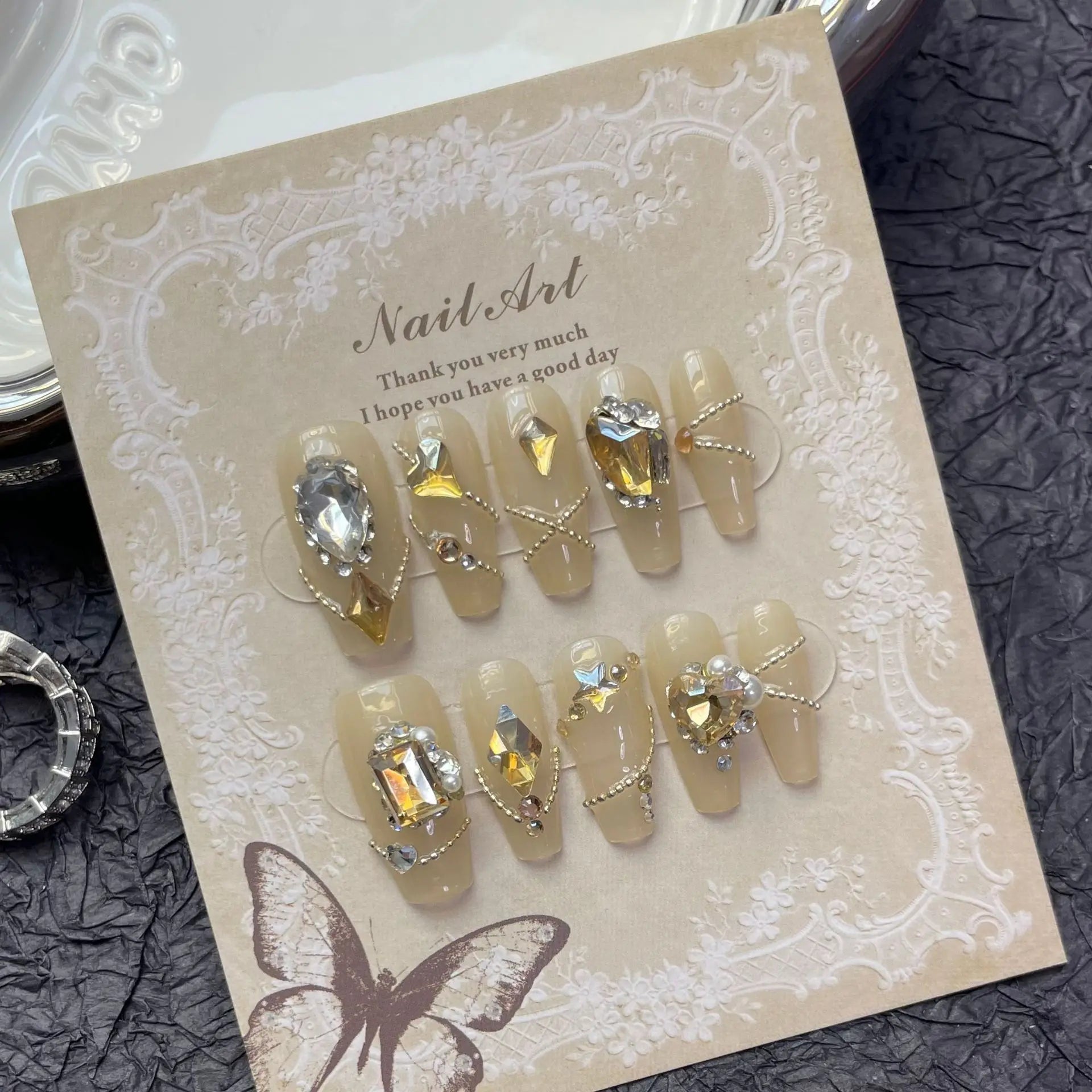  10Pcs Blue Handmade Press On Nails Ballerina French with Rhinestones Wearable False Nails Gradient Decoration Fake Nails Tips -  - DYAVOR® 