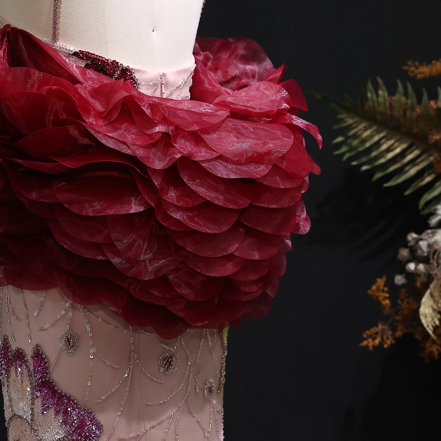 Luxury Pink Floral Beaded Evening Dress – Elegant Custom Gown with Burgundy Shawl Cape