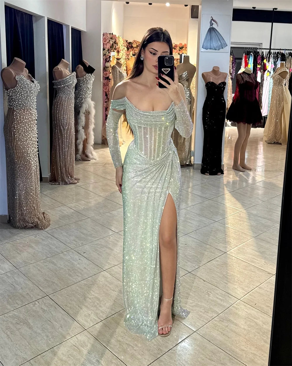 Luxury Silver Shiny Custom Prom & Evening Dress For Women – Off Shoulder High-Slit Formal Gown 2025