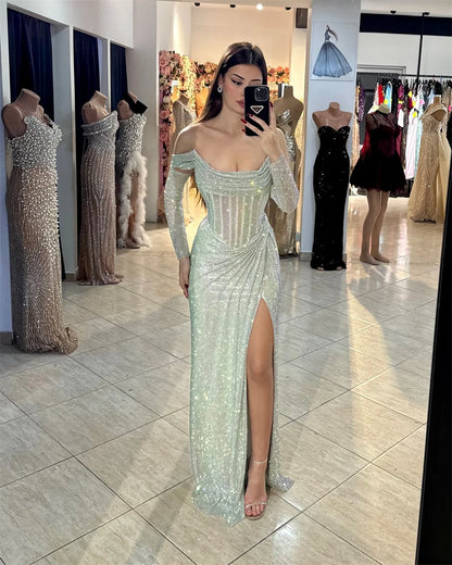 Luxury Silver Shiny Custom Prom & Evening Dress For Women – Off Shoulder High-Slit Formal Gown 2025