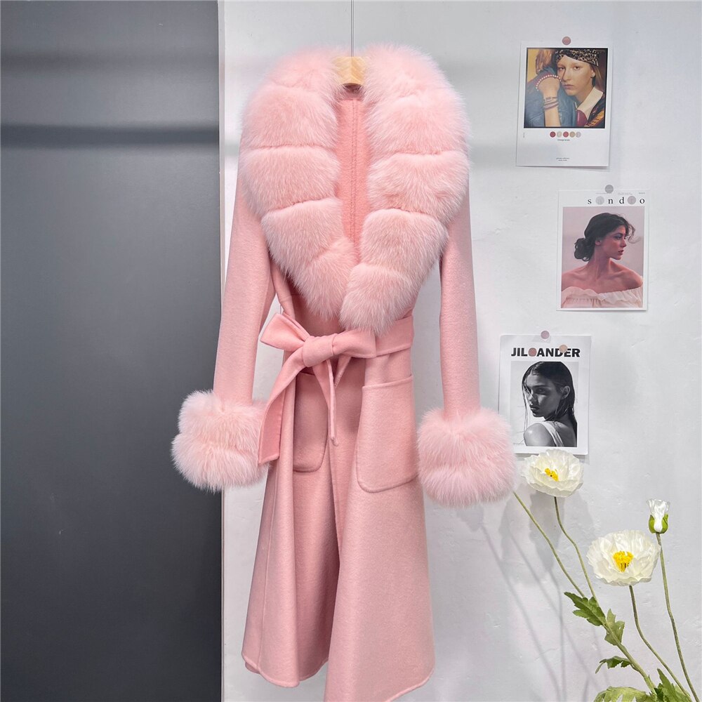  New X-long Cashmere Wool Blends Women Real Fur Coat Jacket Female Lady Wool Blends Fox Fur Collar Coats Jackets Long Trench -  - DYAVOR® 