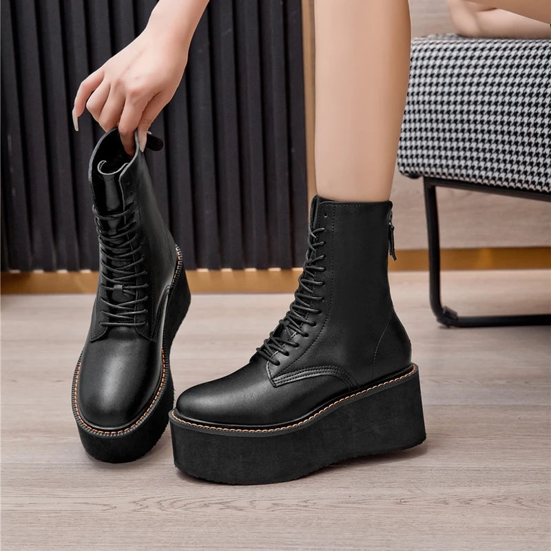 Genuine Leather Ankle Boots for Women – Platform High Heel Winter Booties