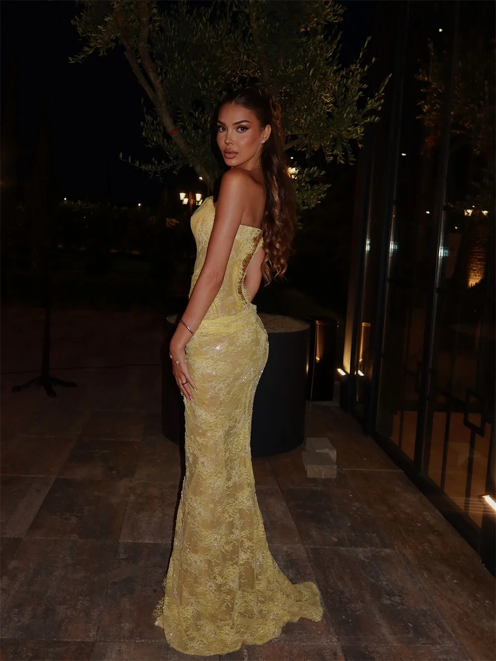 Elegant Yellow Mermaid Lace Prom Dress – Custom Sequin Gown with High Side Split