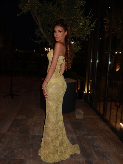 Elegant Yellow Mermaid Lace Prom Dress – Custom Sequin Gown with High Side Split