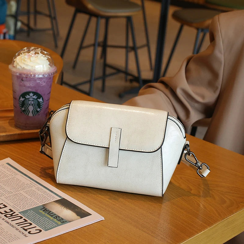 Genuine Oil Wax Cowhide Leather Small Crossbody Bag – Versatile Shell Shoulder Phone Handbag