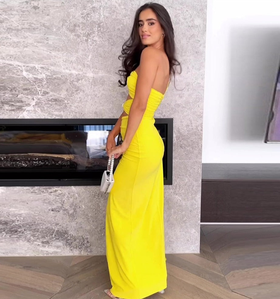 Yellow One-Shoulder Maxi Dress with Cutouts