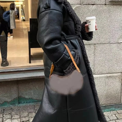 Faux Fur Leather Long Jacket – Belted Lapel Patchwork Winter Coat for Women