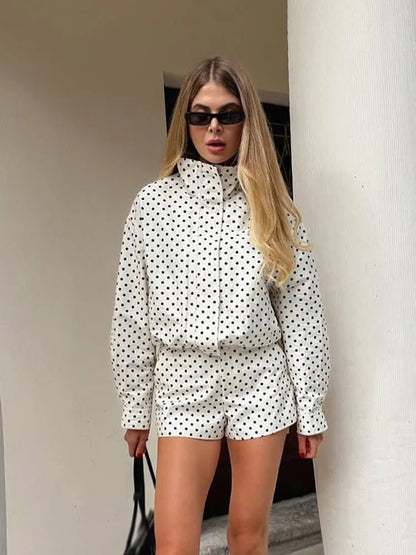 Autumn Polka Dot Turtleneck Zipper Jacket – Casual Drawstring Fashion Coat Women