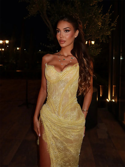 Elegant Yellow Mermaid Lace Prom Dress – Custom Sequin Gown with High Side Split