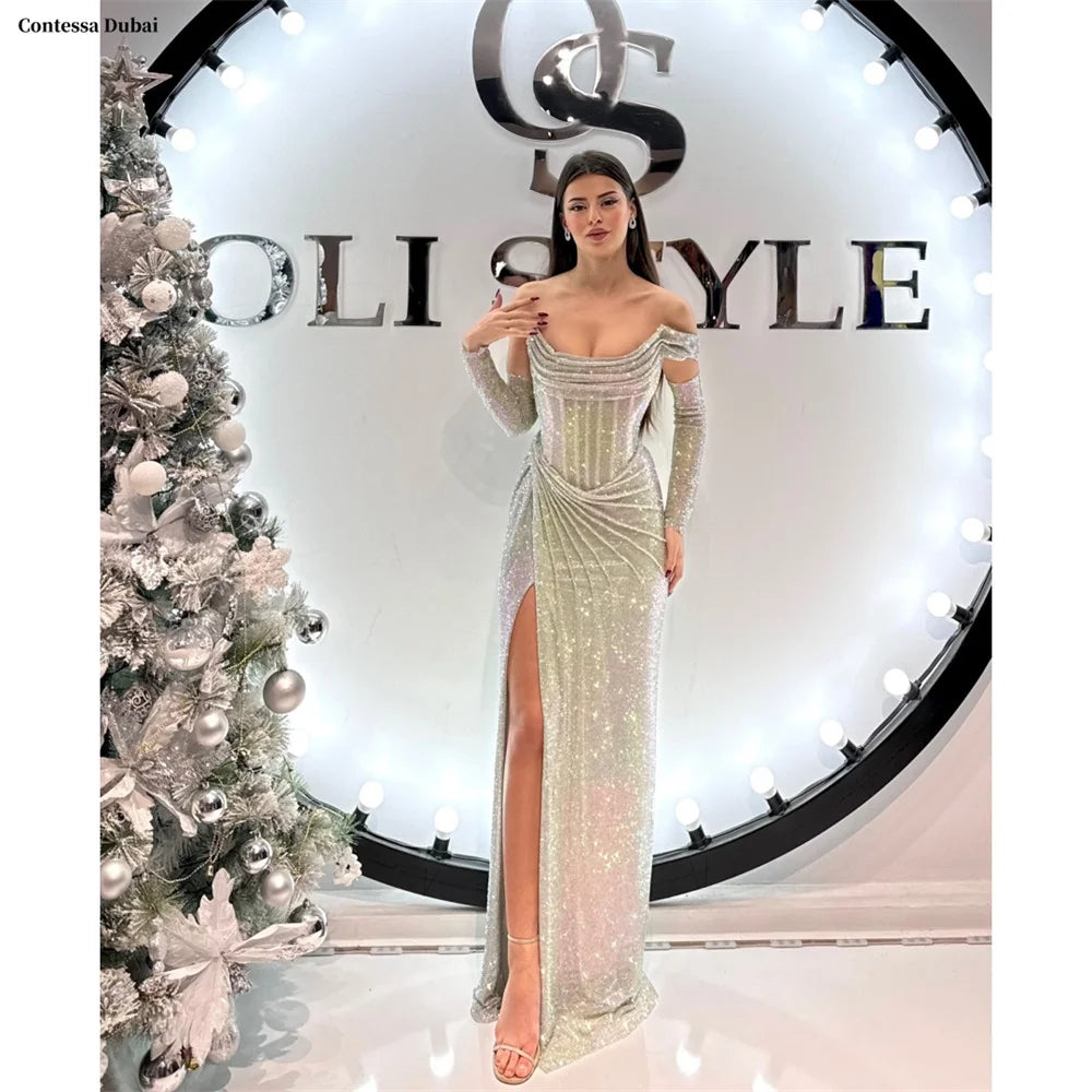 Luxury Silver Shiny Custom Prom & Evening Dress For Women – Off Shoulder High-Slit Formal Gown 2025