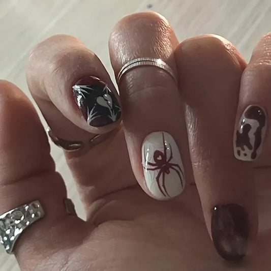 Red Spider Printed False Nail Halloween Nail Art Decor Press on Nails for Girl Gifts Short Round Cool y2k Style Fake Nail Tips -  - DYAVOR® 