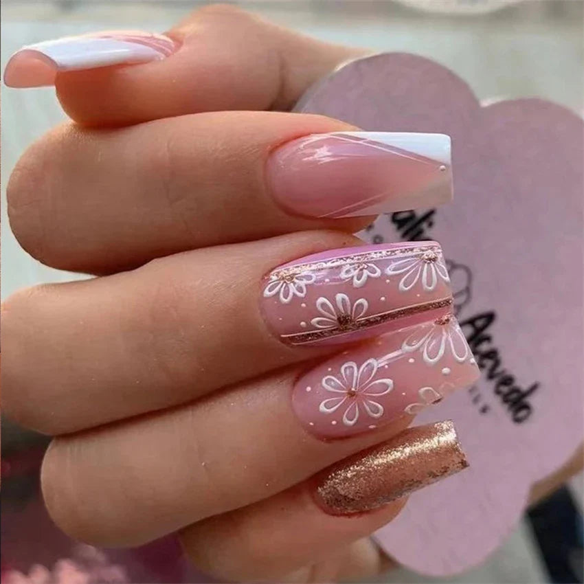 24Pcs Gradient Acrylic Fake Nails Art Long Ballet Wearing Nails Fake Press on Nail Tips Full Cover Removable French False Nails