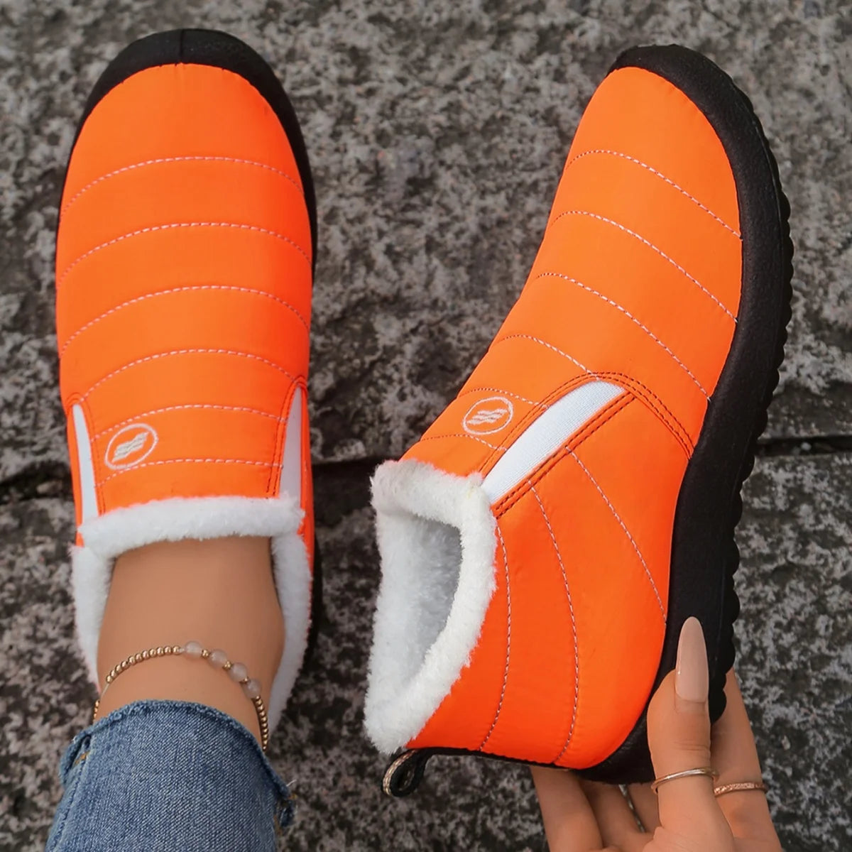 Fur Lined Ankle Boots Women Winter Warm Waterproof Slip-On Short Shoes