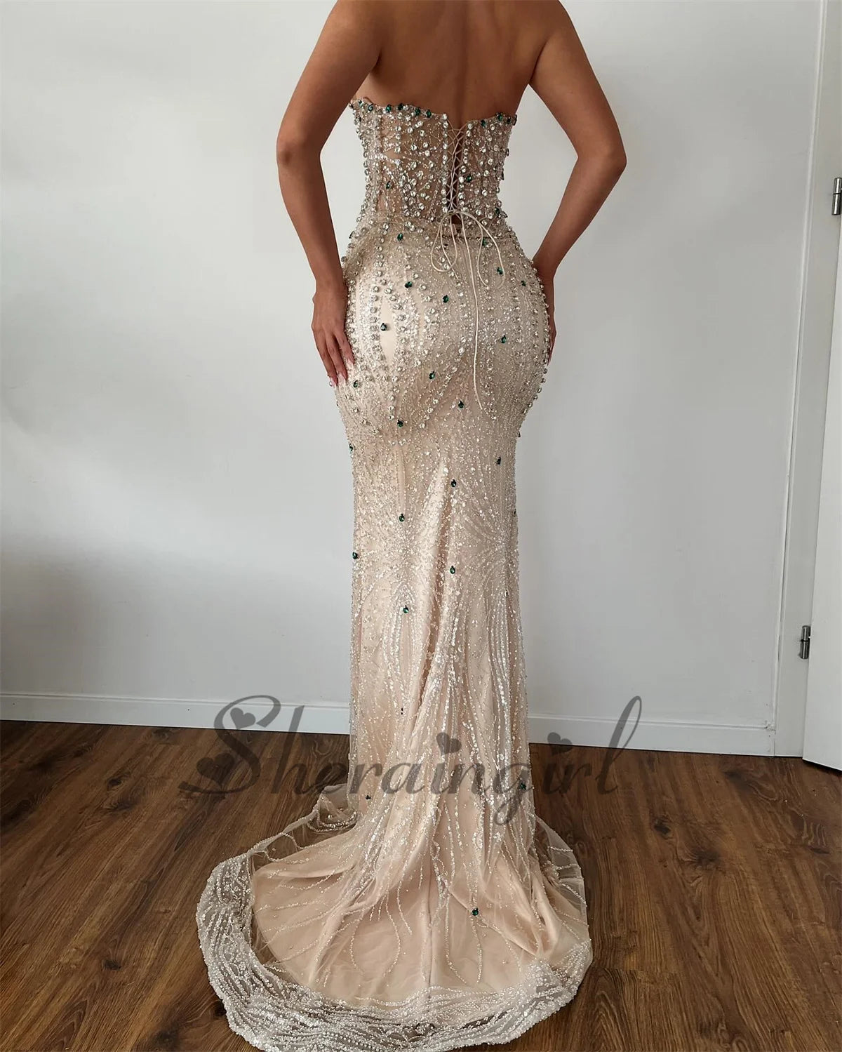 Bling Mermaid Prom Dress with Rhinestones Sleeveless Brush Train Evening Gown