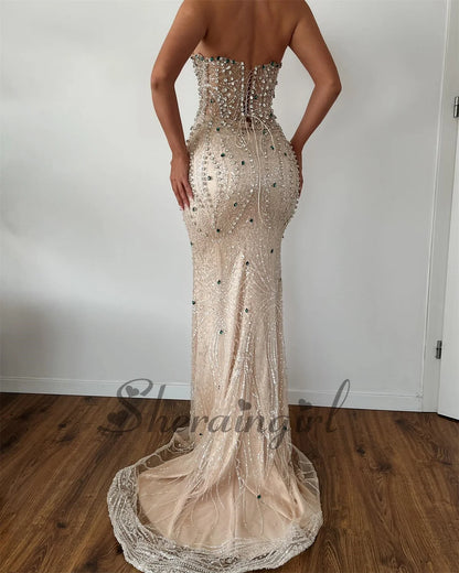 Bling Mermaid Prom Dress with Rhinestones Sleeveless Brush Train Evening Gown