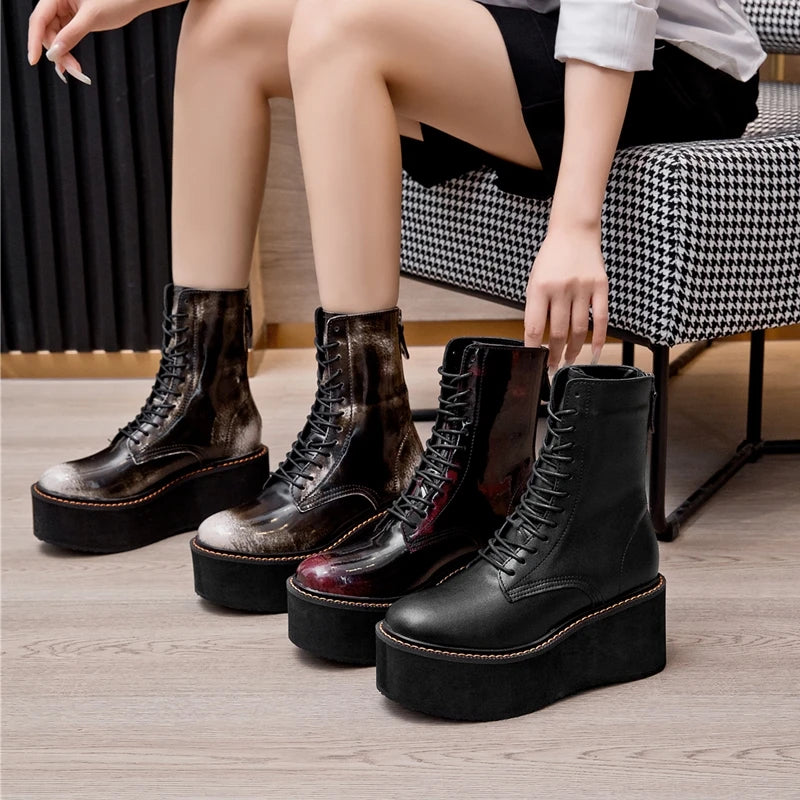 Genuine Leather Ankle Boots for Women – Platform High Heel Winter Booties