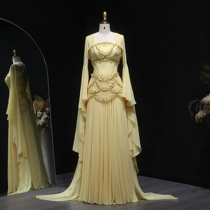 Elegant White & Yellow Chiffon Corset Evening Dress with Flare Sleeve Jacket