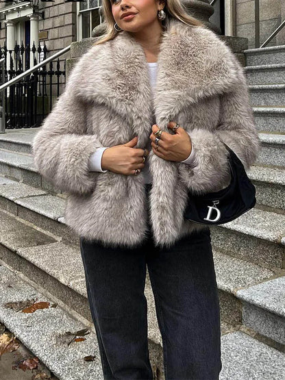 Fashion Cropped Faux Fur Jacket Long Sleeve Snap-button Chic Thick Coat Women