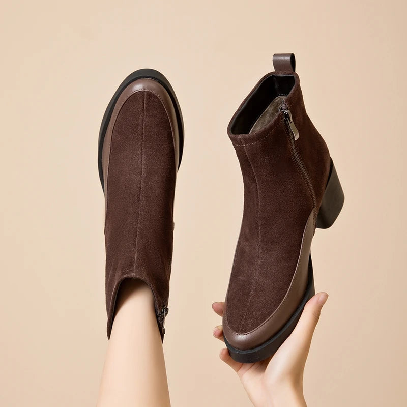 Genuine Leather Chunky High Heel Short Boots Pointed Toe Women