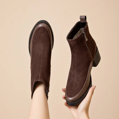 Genuine Leather Chunky High Heel Short Boots Pointed Toe Women