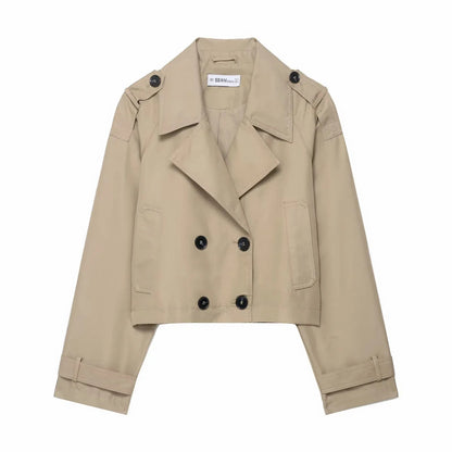 Short Double-Breasted Lapel Trench Coat – Autumn Winter Office Lady Fashion Jacket Women