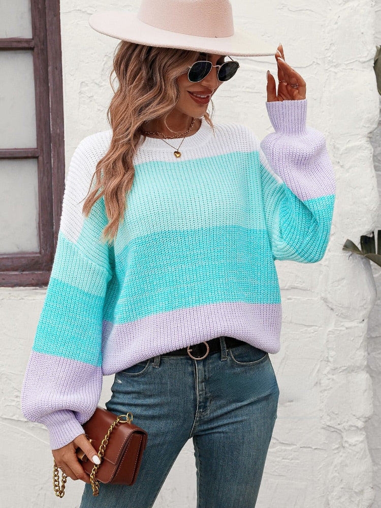 Women's Winter Blouse 2023 New Color Matching Knitted Pullover Fashion Round Neck Long Sleeve Ladies Sweater Female Clothing Top