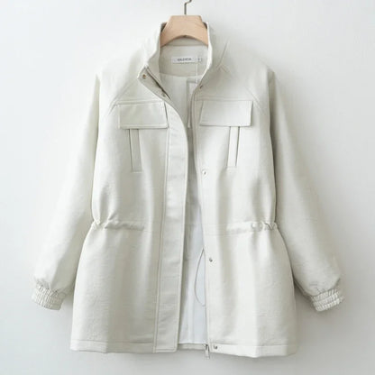 Fall Fashion Faux Leather Jacket with Adjustable Elastic Waist – Trendy Autumn Outerwear Women