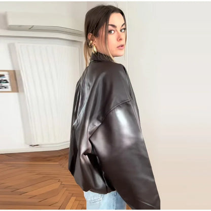 Vintage Leather Bomber Jacket – Zipper Lapel Belted Streetwear Coat for Women