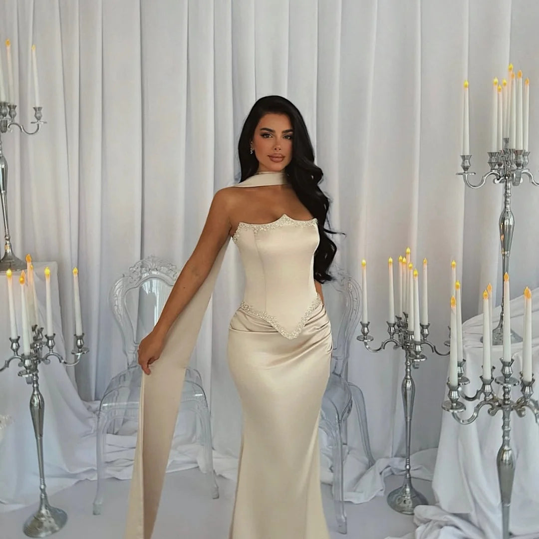 Bella Customized White Silk Mermaid Evening Dress Strapless Backless Floor-Length Gown