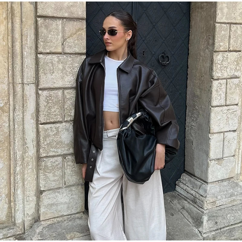 Vintage Leather Bomber Jacket – Zipper Lapel Belted Streetwear Coat for Women
