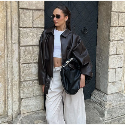 Vintage Leather Bomber Jacket – Zipper Lapel Belted Streetwear Coat for Women