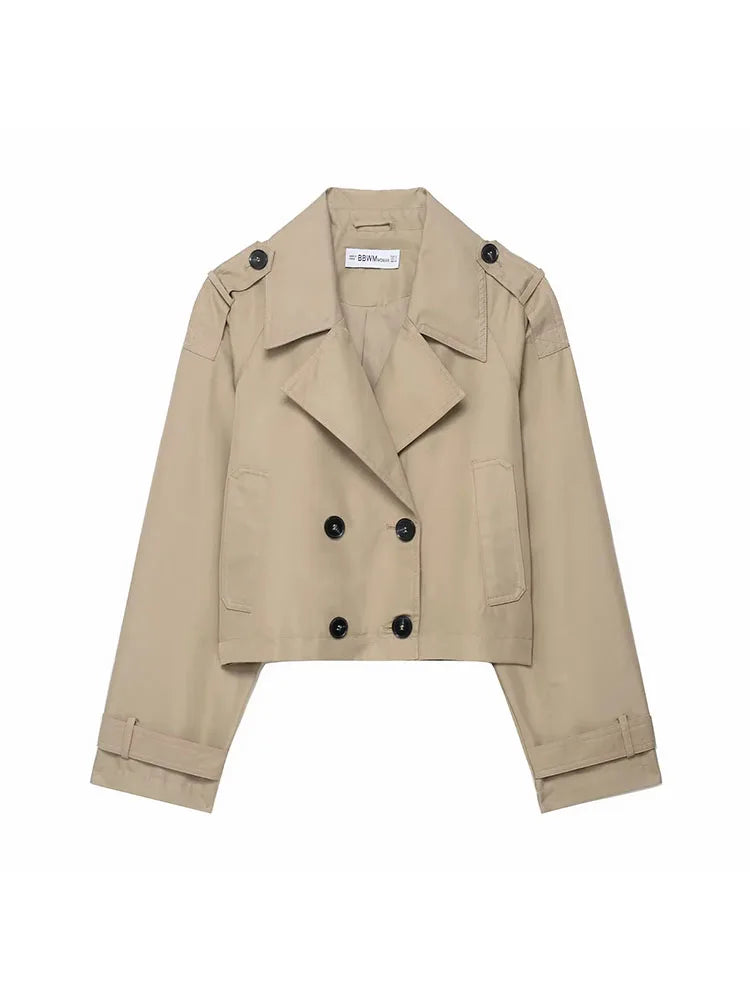 Short Double-Breasted Lapel Trench Coat – Autumn Winter Office Lady Fashion Jacket Women