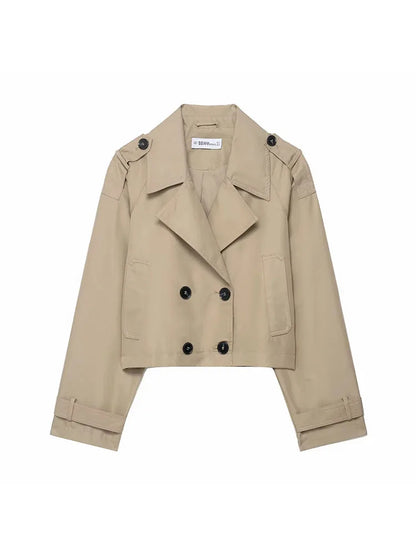 Short Double-Breasted Lapel Trench Coat – Autumn Winter Office Lady Fashion Jacket Women
