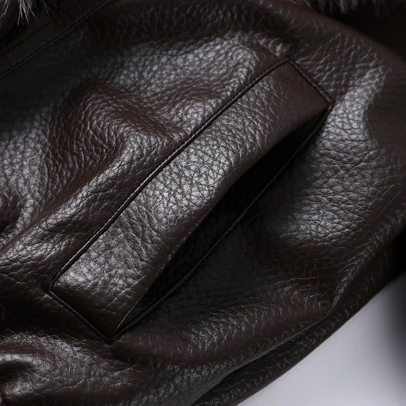 Women’s Double-Breasted Leather Jacket with Detachable Fur Collar