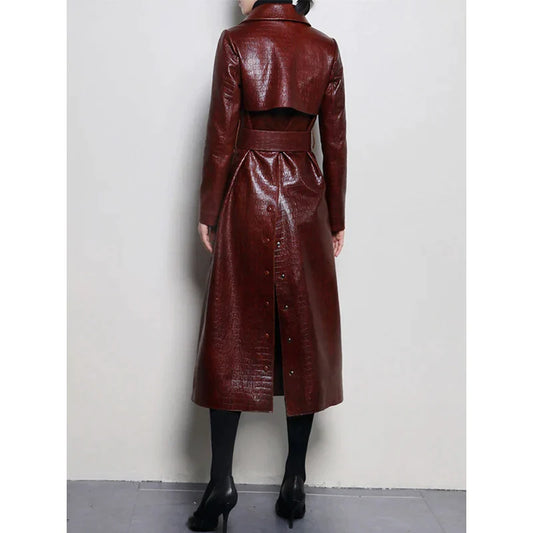 Glossy Autumn Faux Leather Trench Coat - Trench Coat - DYAVOR® 