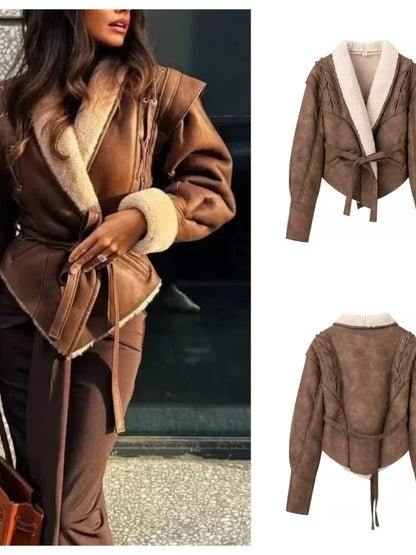 Leather Jacket with Belt & Fur Collar For Women | Elegant Streetwear Coat