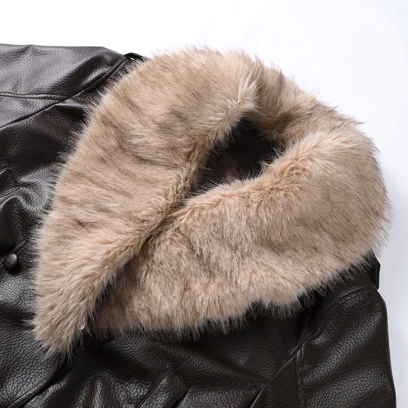 Women’s Double-Breasted Leather Jacket with Detachable Fur Collar