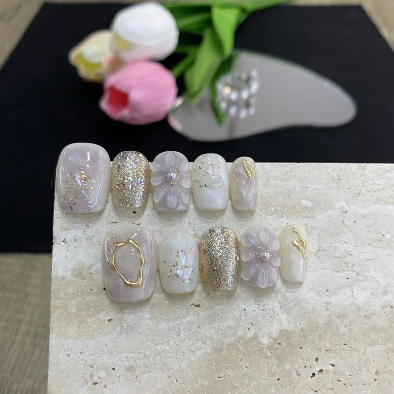  10pcs Handmade gold foil 3D charms flowers press on nails short square head false nails with glue ballet acrylic fake nails tips -  - DYAVOR® 